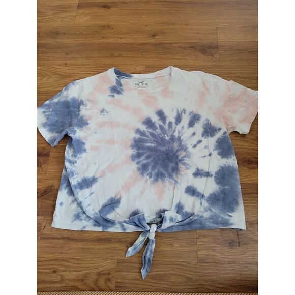 Hollister Must-Have Collection Tie-Front Tie Dye T-Shirt Top - Size M Blue Pink - Picture 1 of 3